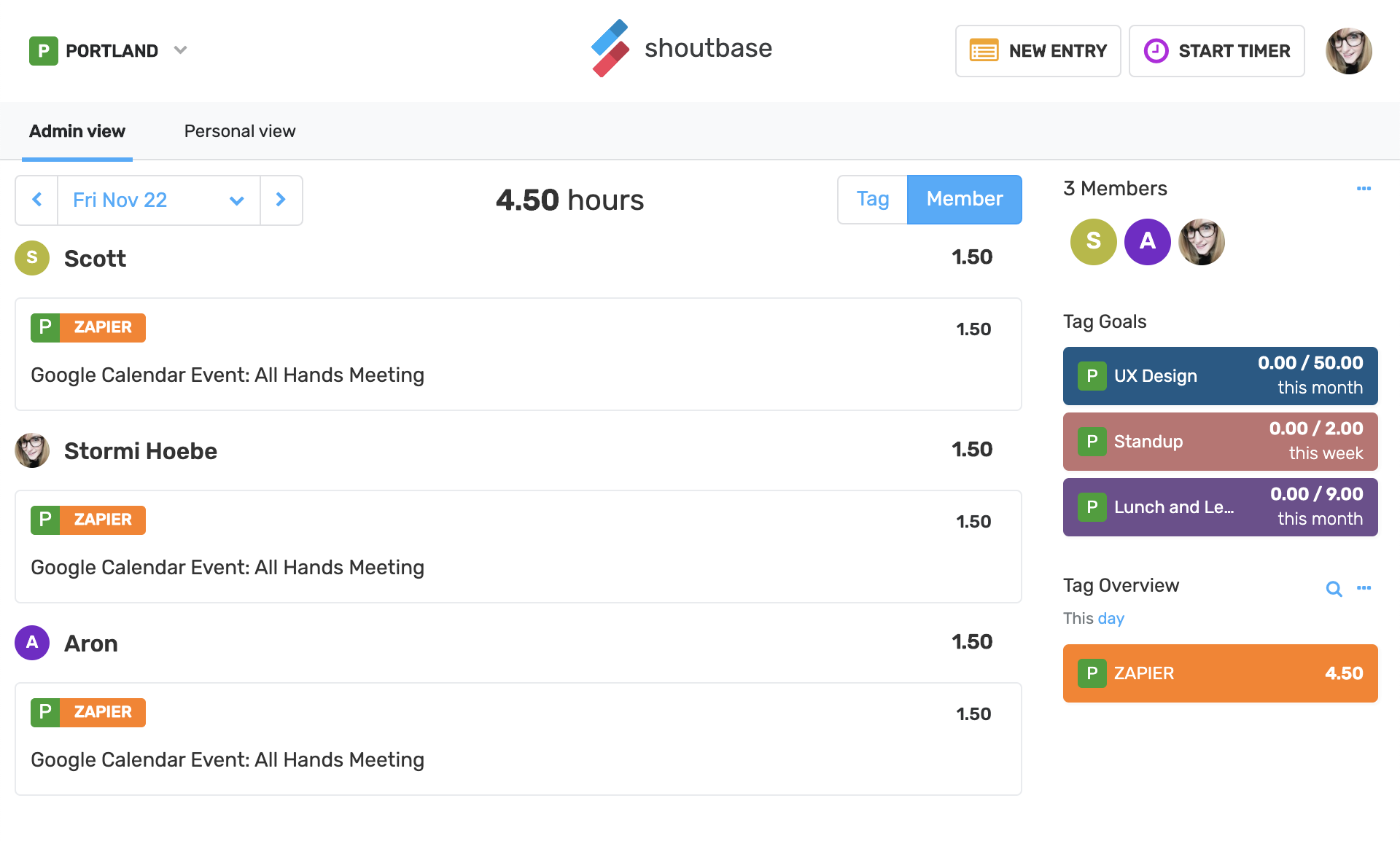 screenshot of Shoutbase team dashboard with 3 time entries