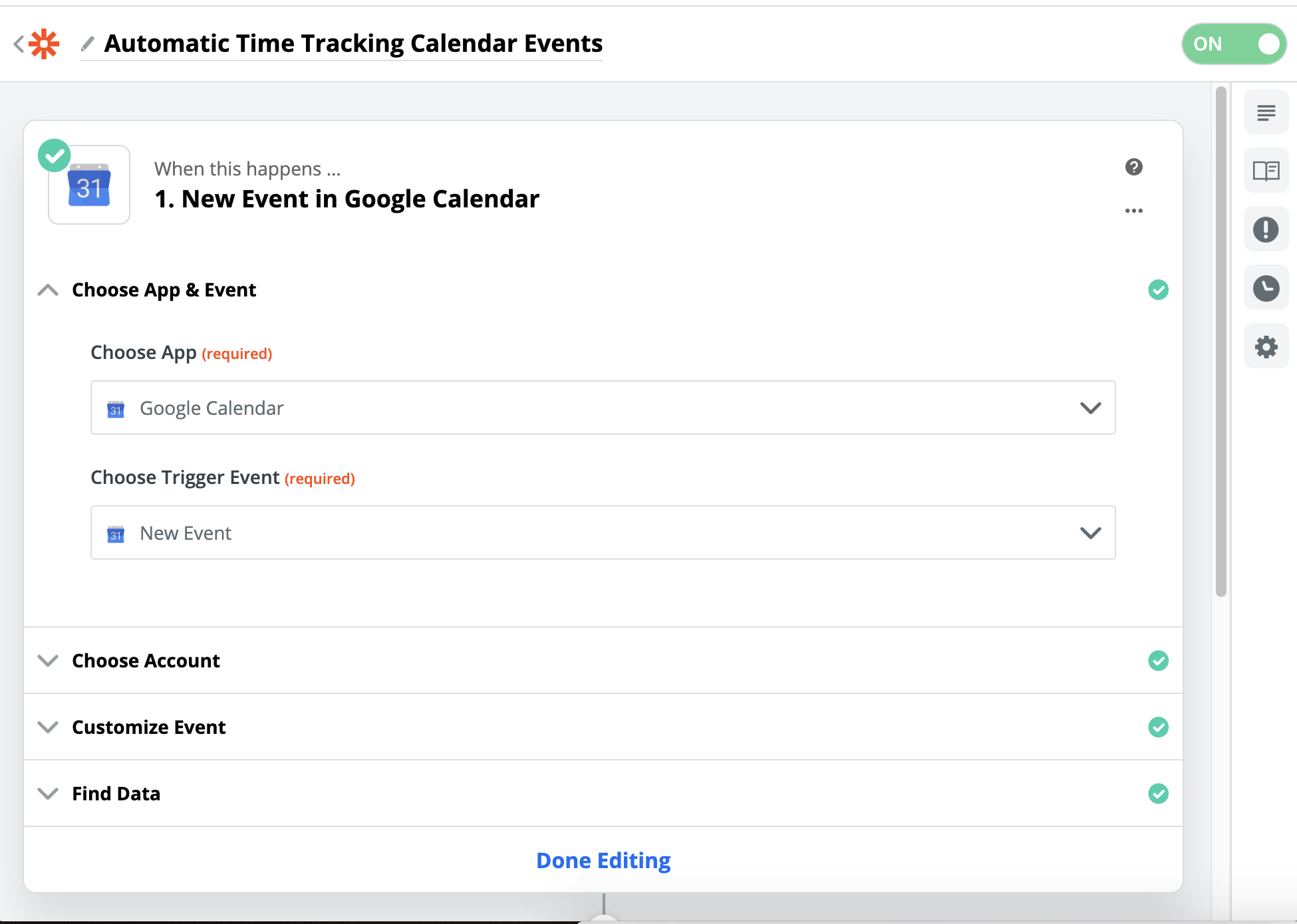screenshot of Zapier Zap Builder Google Calendar Trigger