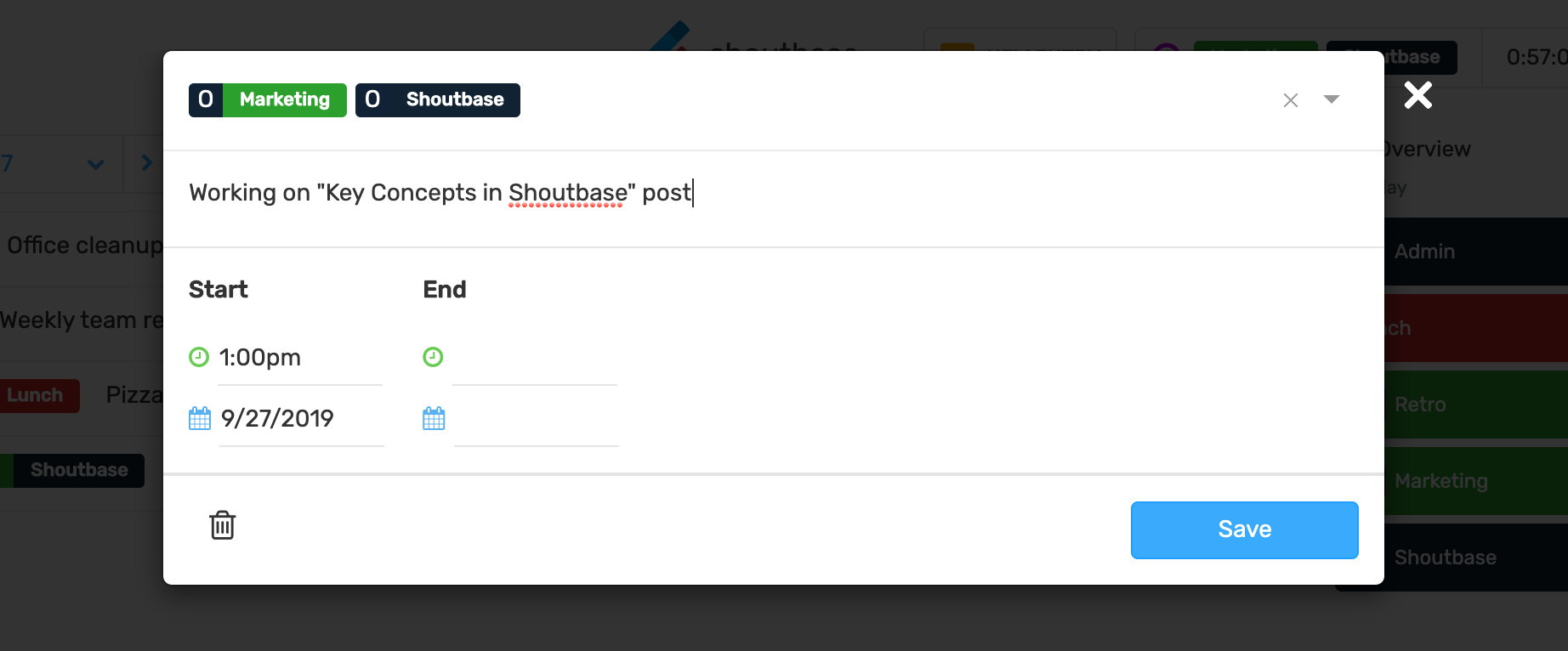 Shoutbase Time Entry Modal