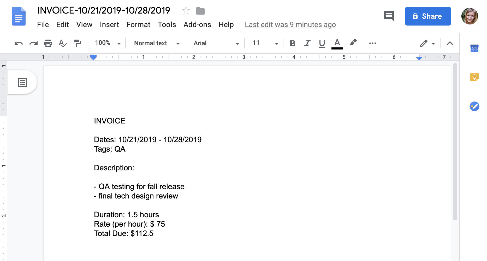 Screenshot of google document invoice with dates, description, rate, and price
