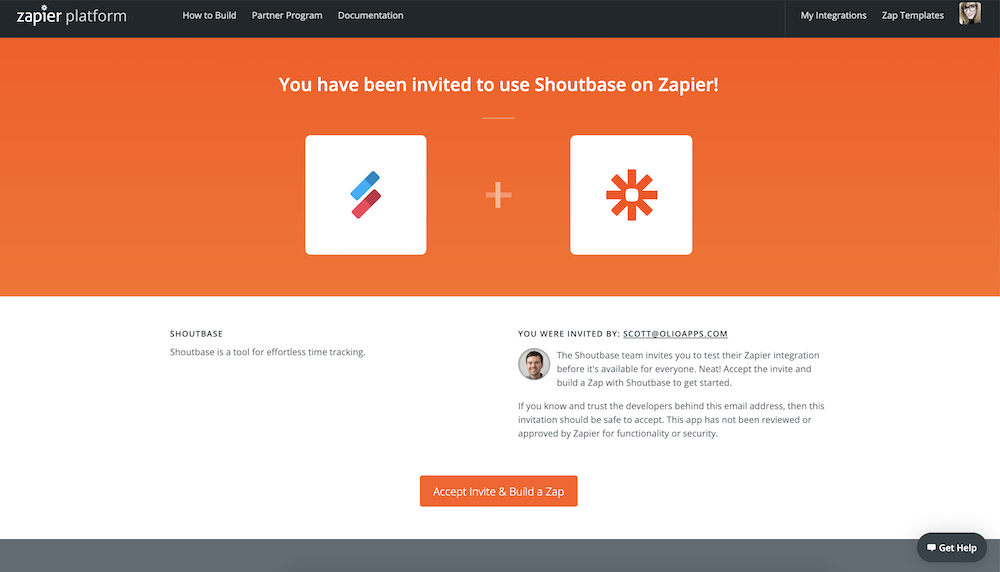 Screen of accepting Shoutbase Invice in Zapier