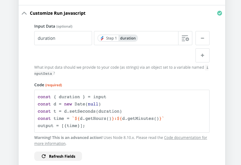 screenshot of Zapier with custom javascript