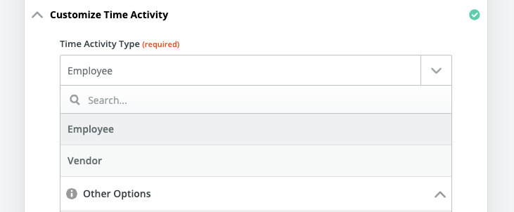 screenshot of Zapier with Employee selected as Time Activity Type