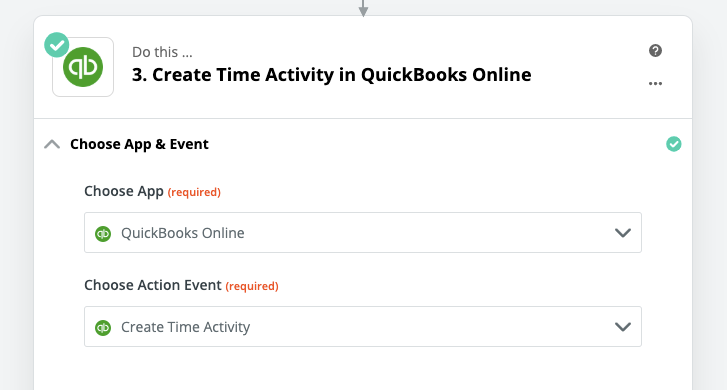 screenshot of Zapier with Quickbooks Online Create Time Activity action selected
