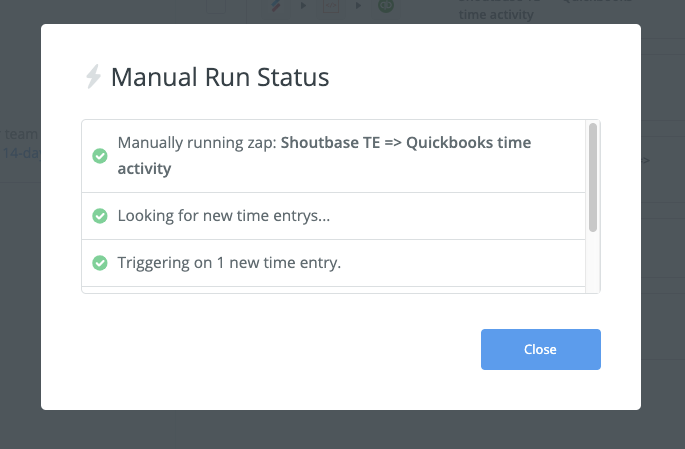 screenshot of Zapier running zap and finding new time entry