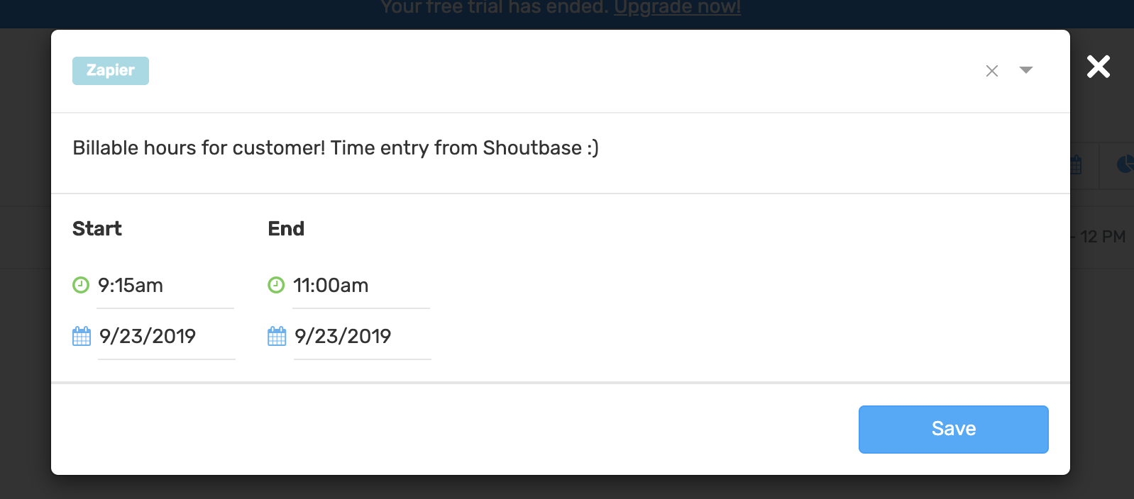 screenshot of time entry in Shoutbase