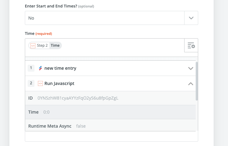 screenshot of Zapier with step 2 Time for Time field