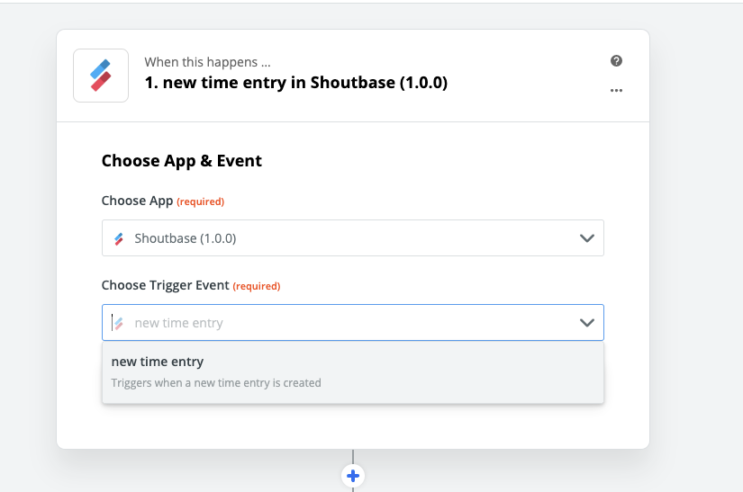 screenshot of Zapier with new time entry trigger selected