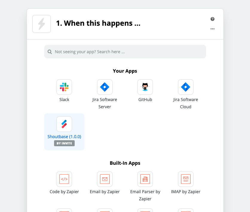 screenshot of Zapier Trigger Apps with Shoutbase selected