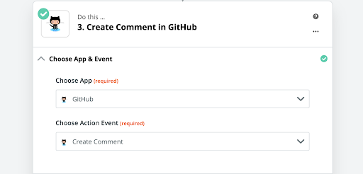 screenshot of selecting GitHub as Zapier Action