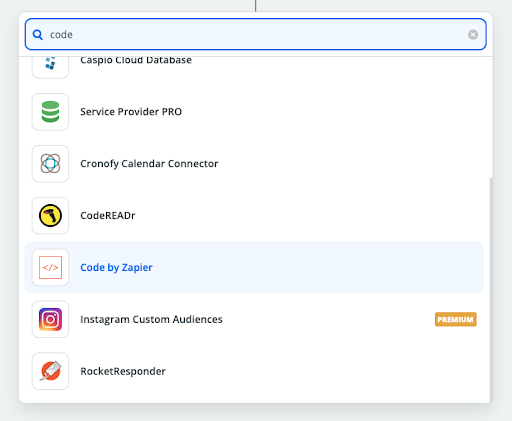 screenshot of selecting Code by Zapier