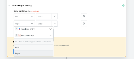 screenshot of selecting PR ID and Repo as filtering parameters