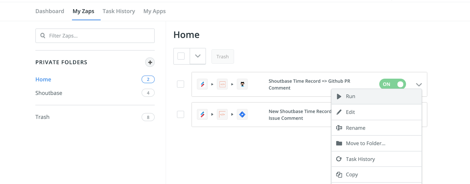 screenshot of creating using Zapier dashboard to run Zap