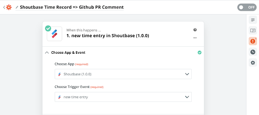 screenshot of Zapier Trigger with Shoutbase Selected