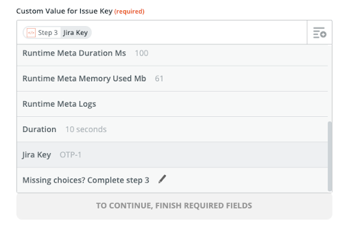 Screenshot of Zapier selecting Step 3: Jira Key