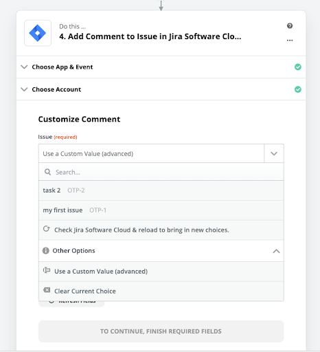 Screenshot of Zapier selecting Jira issue for customized comment