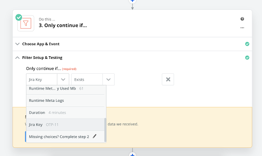 Screenshot of Zapier selecting Jira Key as filter parameter