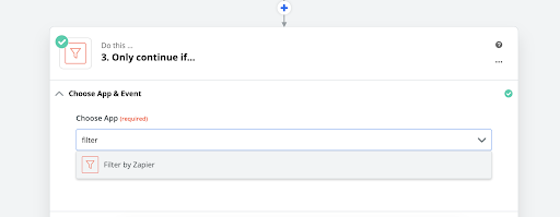 Screenshot of Zapier selecting Filter