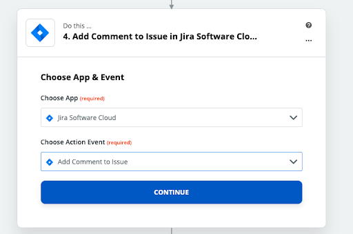 Screenshot of Zapier selecting Jira: Add comment to issue as Action
