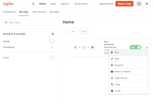 screenshot of running Zap from Zapier Zap Menu