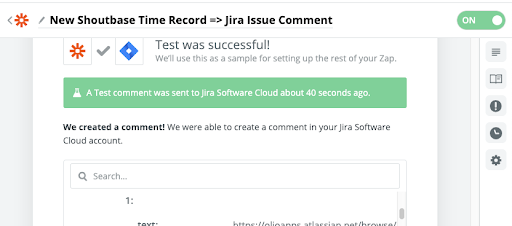 Screenshot of Zapier test success