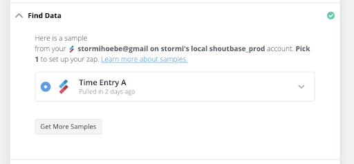 screenshot Zapier Find Data. Time Entry A selected